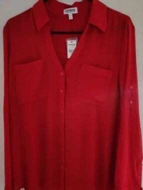 Express Vibrant Red Long-Sleeve Button-Up Shirt